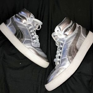 Puma Silver Metallic High-Top Athletic Sneakers with White Soles